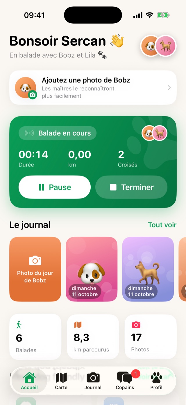 Écran de Bobz pendant une balade : durée, distance et chiens croisés